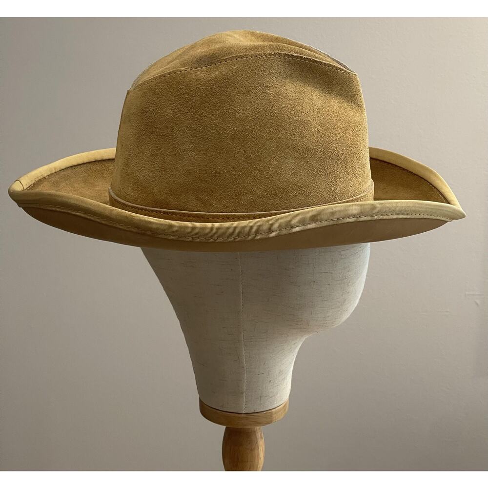 VTG Henschel Skullys Hat Cap Cowboy Men L Beige Suede Leather Lined Wide Brim - Picture 4 of 8